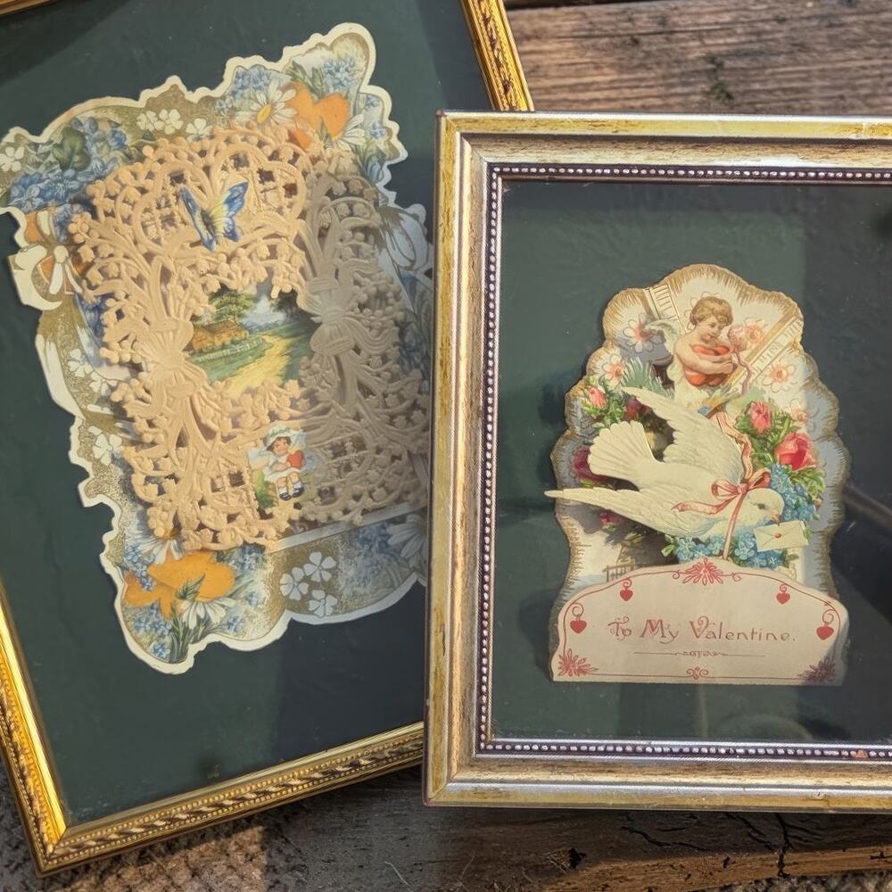 Vintage Valentine's Day Card Shadow Box Framed Art Set X 2